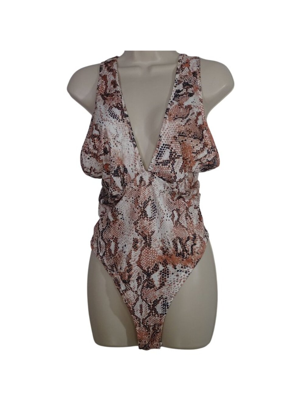 Shein Curve Snakeskin Print Bodysuit Plunge Neckline Women Size OXL 12 Brown